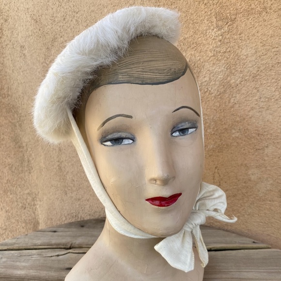 VTG 1940s Off White Wool Rabbit Fur Turban Platter Hat OS - Picture 1 of 10